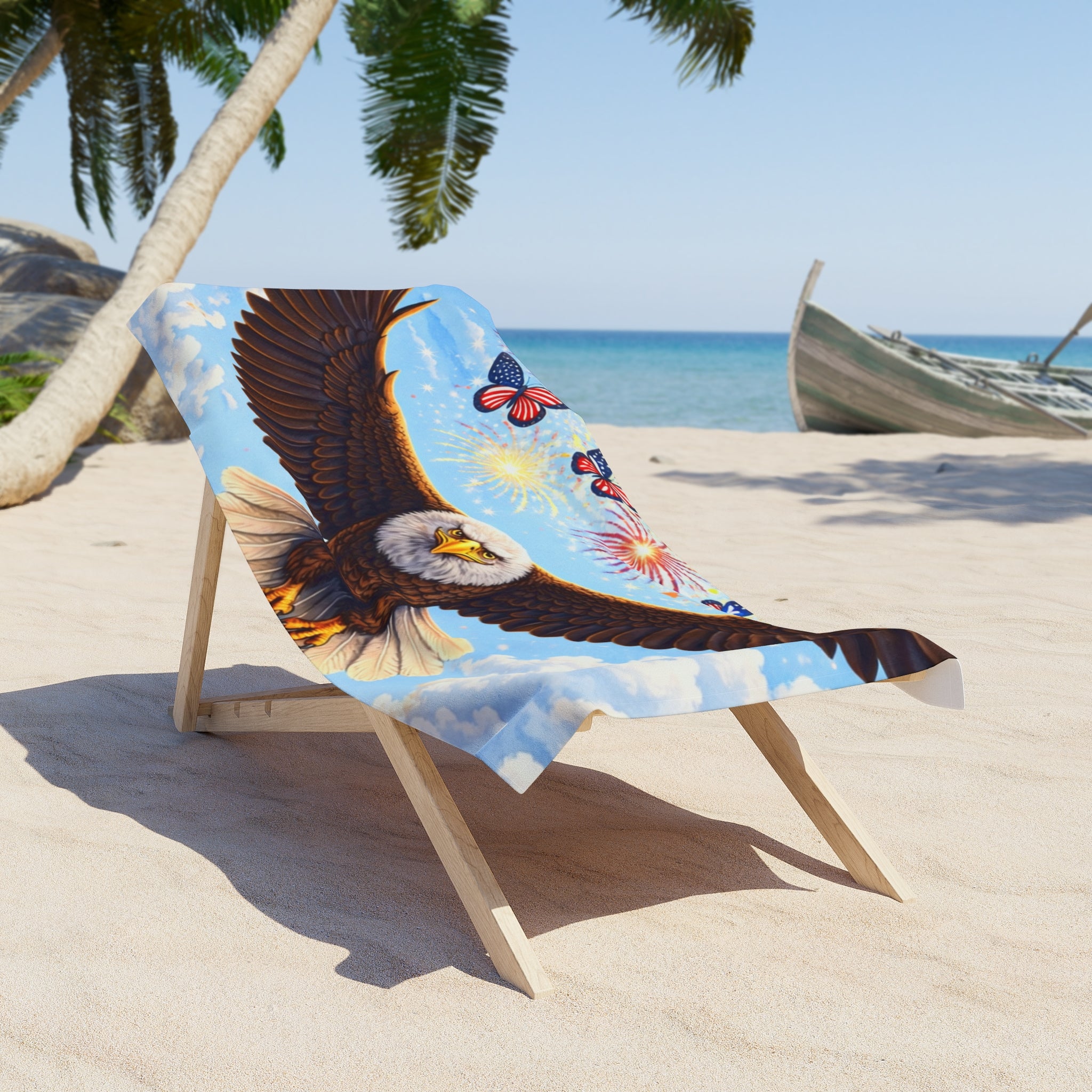 My Flocking Biz Fourth of July edition Patriotic Eagle Beach Towel – Soaring Bald Eagle with Butterflies & Fireworks